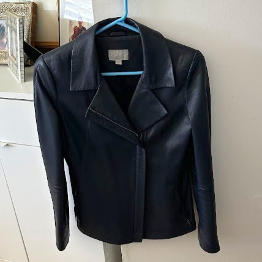 Pure Collection Womens Navy Leather Biker Jacket - Size 4